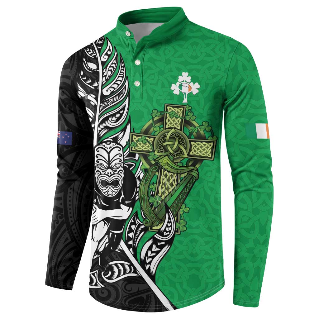 New Zealand and Ireland Rugby Custom Button Sweatshirt Maori Tiki Fern Irish Celtic Cross - Polynesian Pride