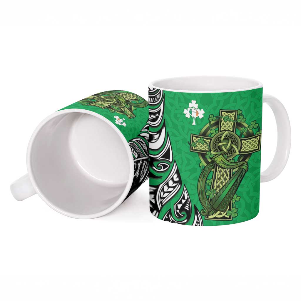 New Zealand and Ireland Rugby Ceramic Mug Maori Tiki Fern Irish Celtic Cross - Polynesian Pride