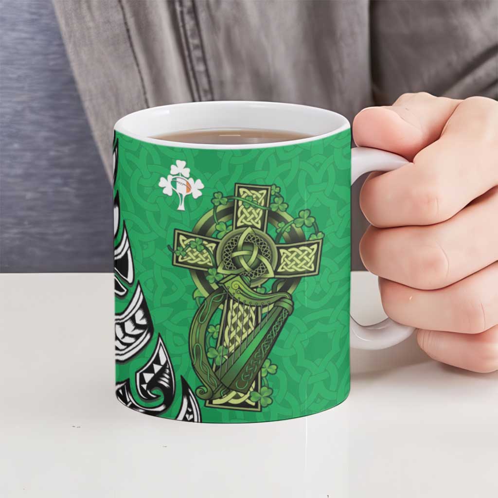 New Zealand and Ireland Rugby Ceramic Mug Maori Tiki Fern Irish Celtic Cross - Polynesian Pride