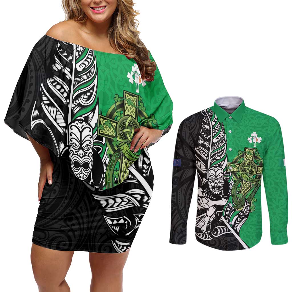 New Zealand and Ireland Rugby Custom Couples Matching Off Shoulder Short Dress and Long Sleeve Button Shirt Maori Tiki Fern Irish Celtic Cross - Polynesian Pride