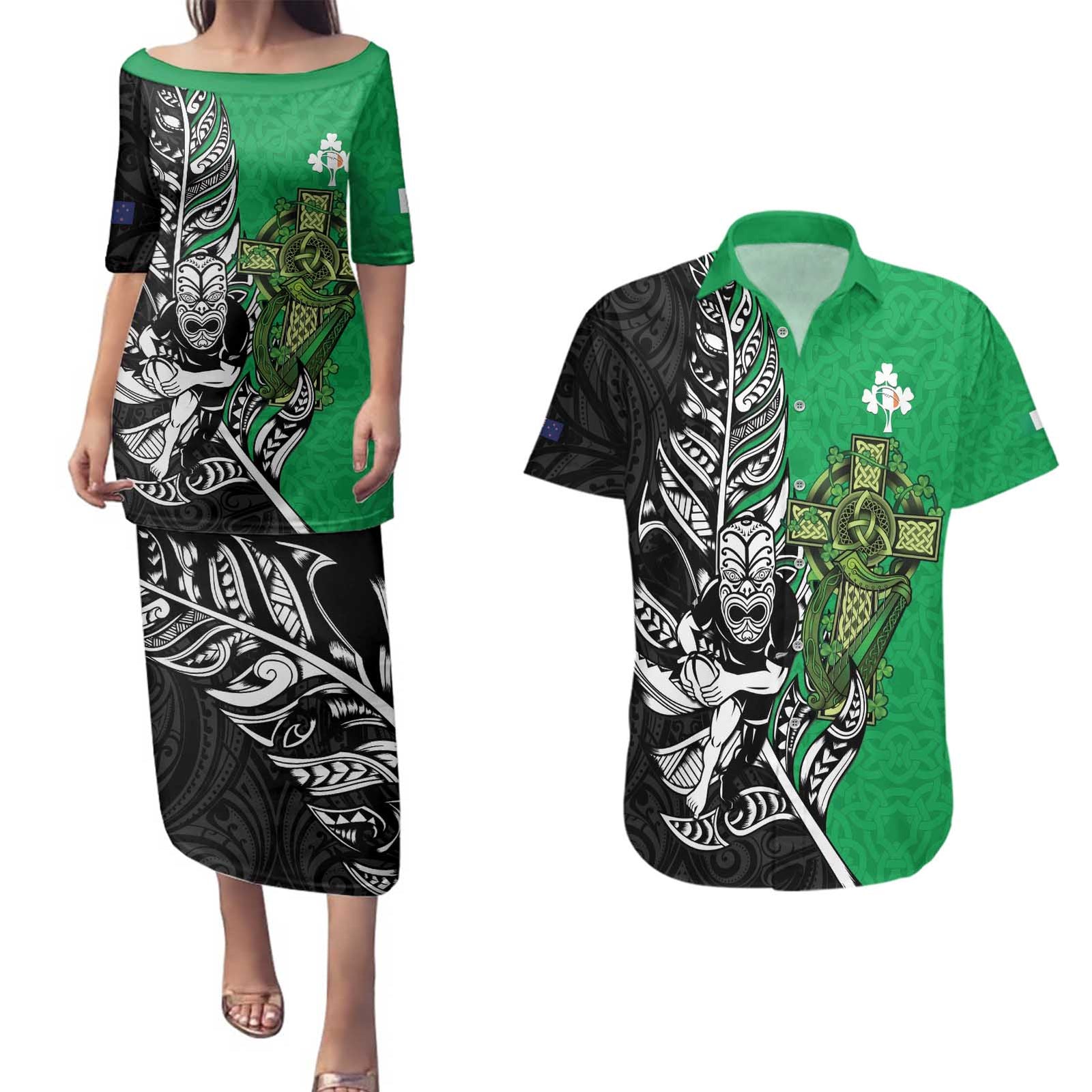 New Zealand and Ireland Rugby Custom Couples Matching Puletasi and Hawaiian Shirt Maori Tiki Fern Irish Celtic Cross - Polynesian Pride