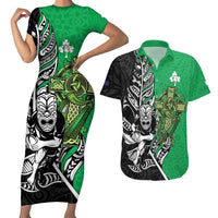 New Zealand and Ireland Rugby Custom Couples Matching Short Sleeve Bodycon Dress and Hawaiian Shirt Maori Tiki Fern Irish Celtic Cross - Polynesian Pride