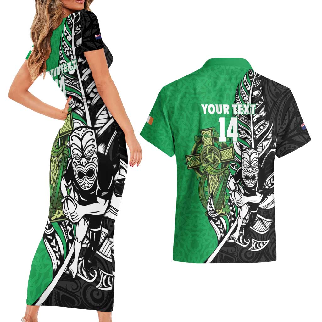 New Zealand and Ireland Rugby Custom Couples Matching Short Sleeve Bodycon Dress and Hawaiian Shirt Maori Tiki Fern Irish Celtic Cross - Polynesian Pride