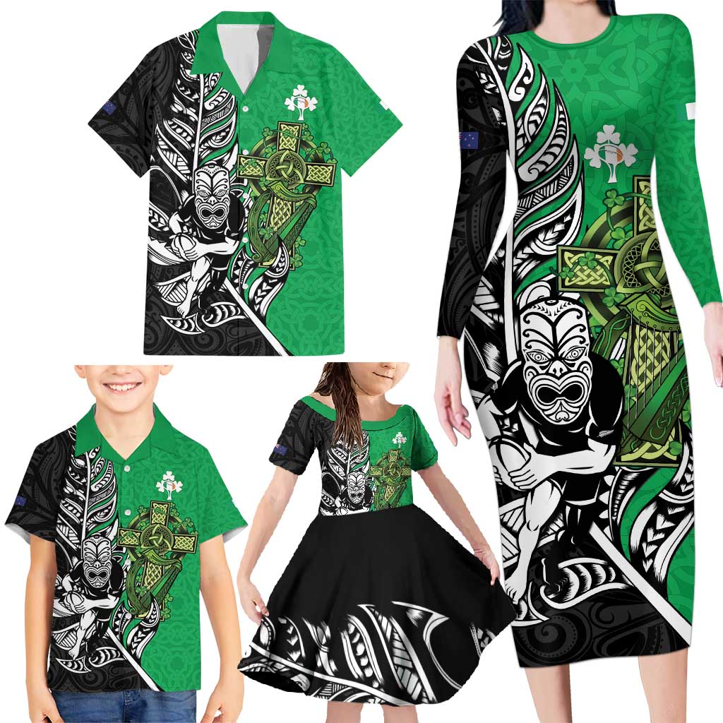 New Zealand and Ireland Rugby Custom Family Matching Long Sleeve Bodycon Dress and Hawaiian Shirt Maori Tiki Fern Irish Celtic Cross - Polynesian Pride