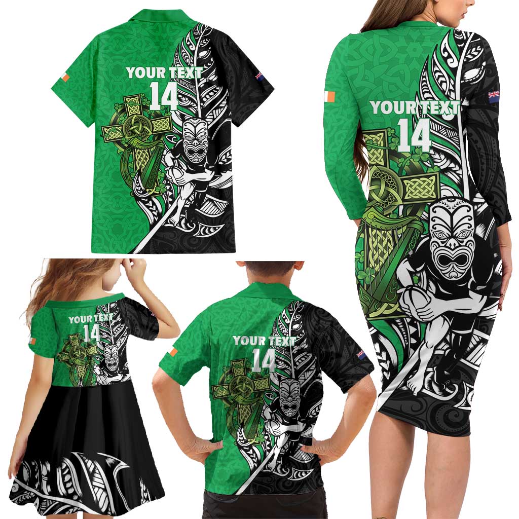 New Zealand and Ireland Rugby Custom Family Matching Long Sleeve Bodycon Dress and Hawaiian Shirt Maori Tiki Fern Irish Celtic Cross - Polynesian Pride