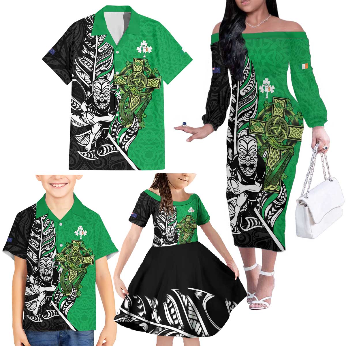 New Zealand and Ireland Rugby Custom Family Matching Off The Shoulder Long Sleeve Dress and Hawaiian Shirt Maori Tiki Fern Irish Celtic Cross - Polynesian Pride