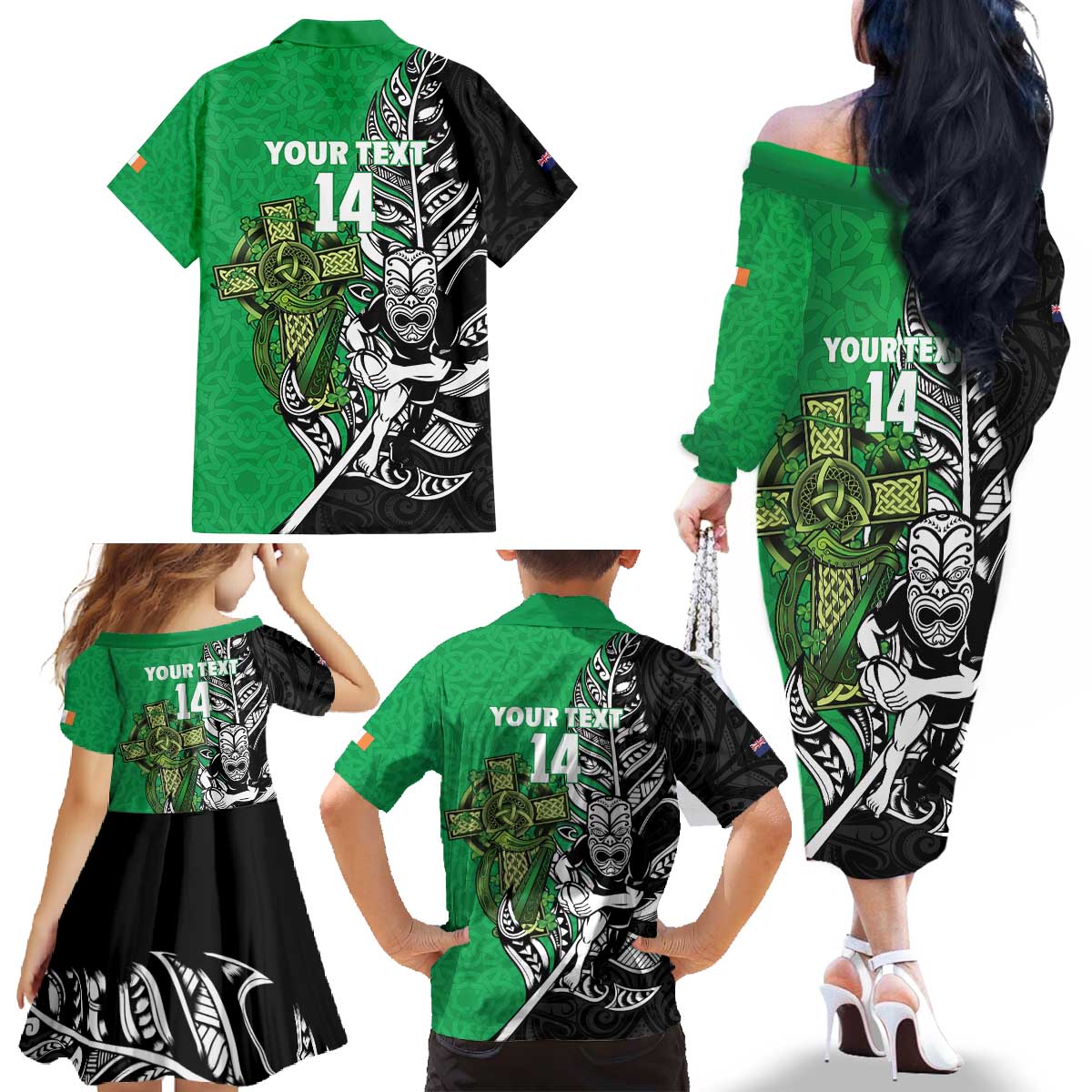 New Zealand and Ireland Rugby Custom Family Matching Off The Shoulder Long Sleeve Dress and Hawaiian Shirt Maori Tiki Fern Irish Celtic Cross - Polynesian Pride