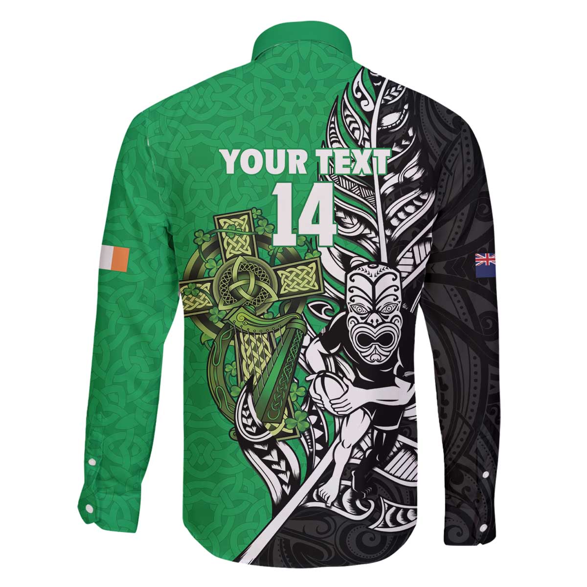 New Zealand and Ireland Rugby Custom Family Matching Off The Shoulder Long Sleeve Dress and Hawaiian Shirt Maori Tiki Fern Irish Celtic Cross - Polynesian Pride