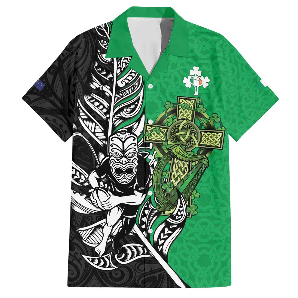 New Zealand and Ireland Rugby Custom Family Matching Off Shoulder Maxi Dress and Hawaiian Shirt Maori Tiki Fern Irish Celtic Cross - Polynesian Pride