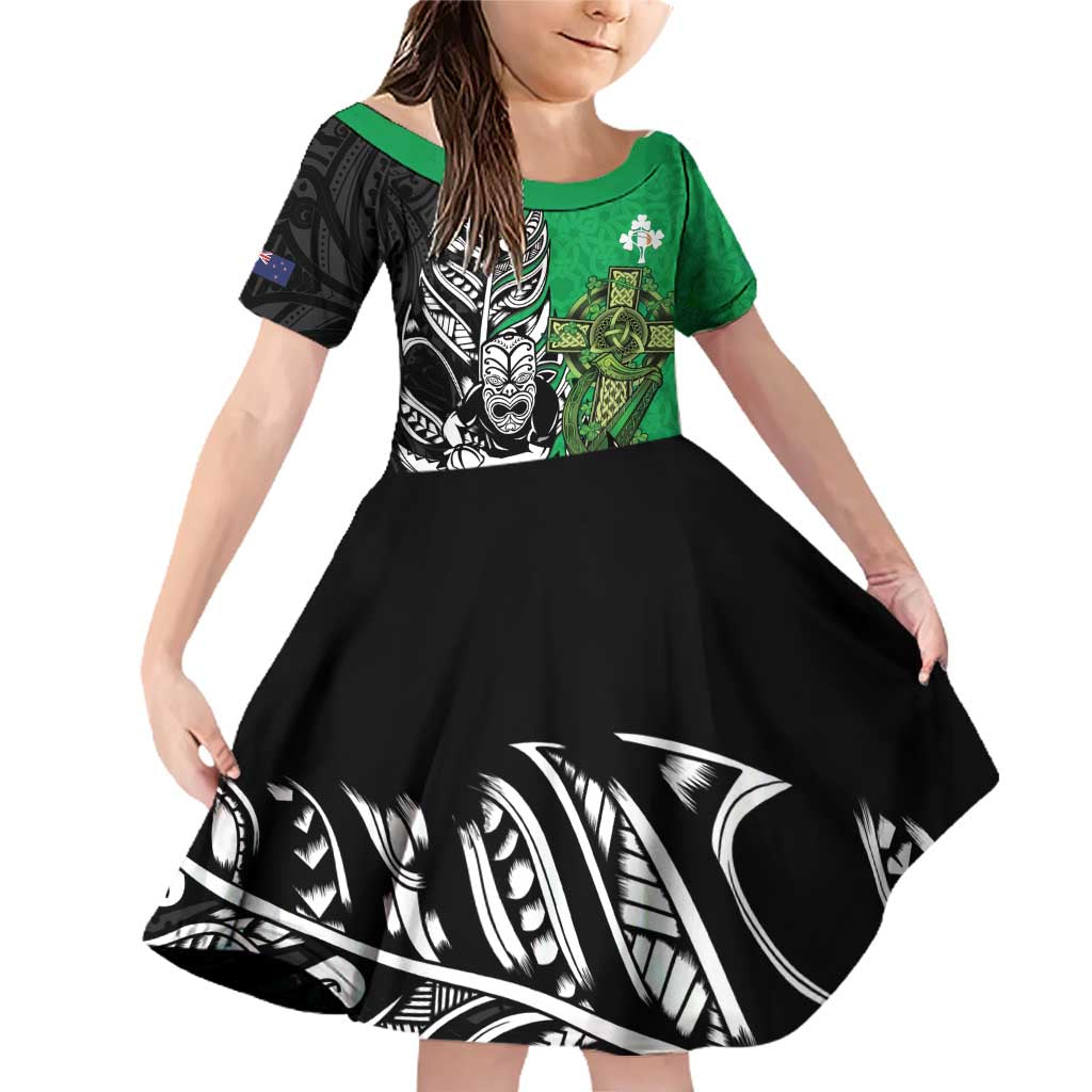 New Zealand and Ireland Rugby Custom Family Matching Off Shoulder Short Dress and Hawaiian Shirt Maori Tiki Fern Irish Celtic Cross - Polynesian Pride