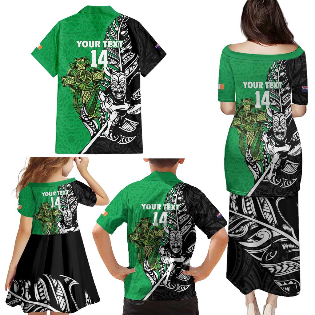 New Zealand and Ireland Rugby Custom Family Matching Puletasi and Hawaiian Shirt Maori Tiki Fern Irish Celtic Cross - Polynesian Pride