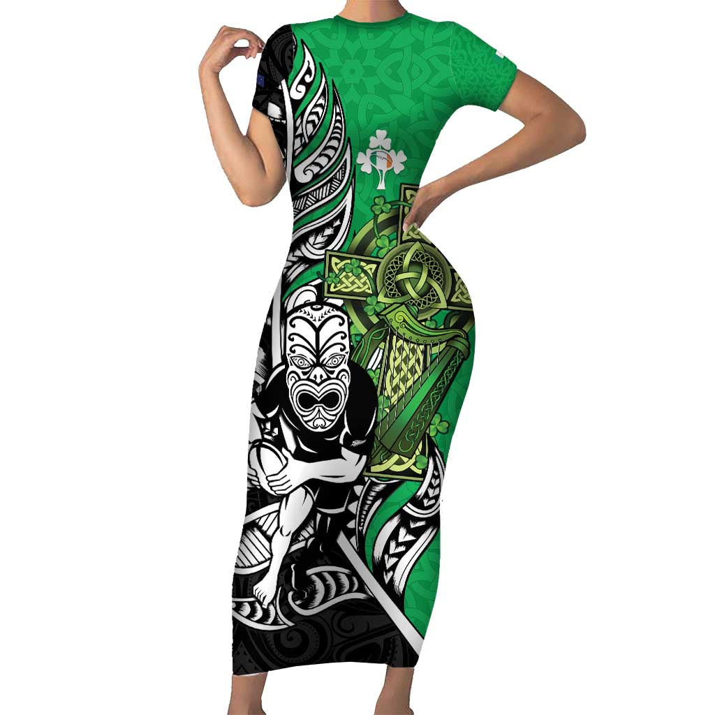 New Zealand and Ireland Rugby Custom Family Matching Short Sleeve Bodycon Dress and Hawaiian Shirt Maori Tiki Fern Irish Celtic Cross - Polynesian Pride