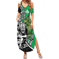 New Zealand and Ireland Rugby Custom Family Matching Summer Maxi Dress and Hawaiian Shirt Maori Tiki Fern Irish Celtic Cross - Polynesian Pride