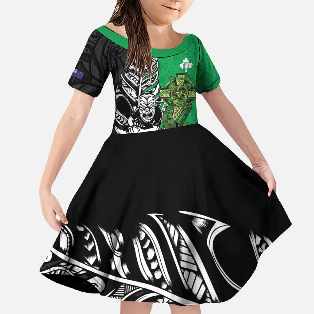 New Zealand and Ireland Rugby Custom Family Matching Tank Maxi Dress and Hawaiian Shirt Maori Tiki Fern Irish Celtic Cross - Polynesian Pride