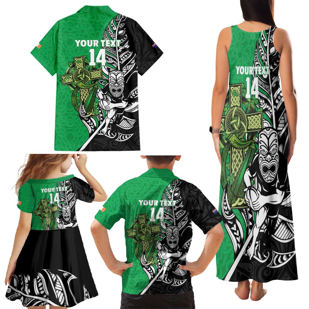 New Zealand and Ireland Rugby Custom Family Matching Tank Maxi Dress and Hawaiian Shirt Maori Tiki Fern Irish Celtic Cross - Polynesian Pride