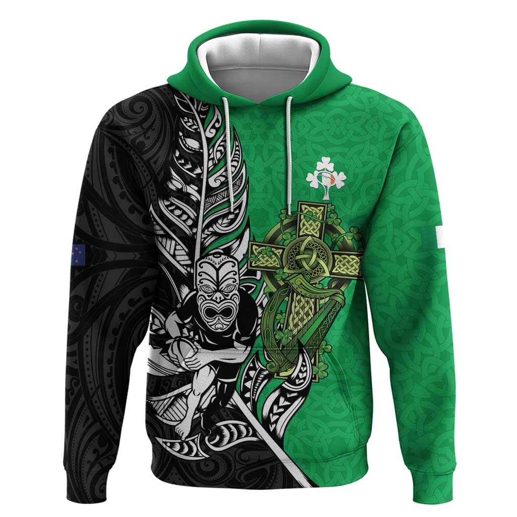 New Zealand and Ireland Rugby Custom Hoodie Maori Tiki Fern Irish Celtic Cross - Polynesian Pride