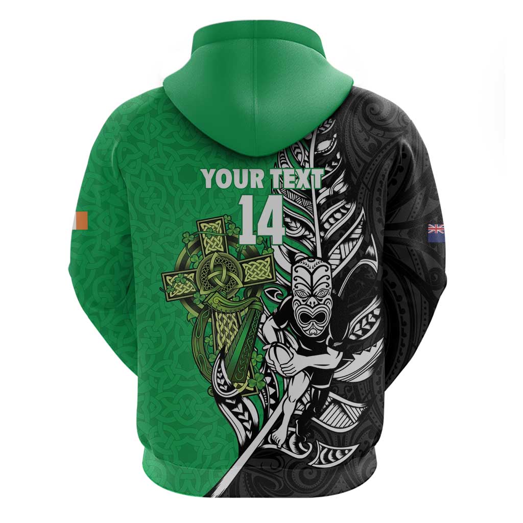 New Zealand and Ireland Rugby Custom Hoodie Maori Tiki Fern Irish Celtic Cross - Polynesian Pride