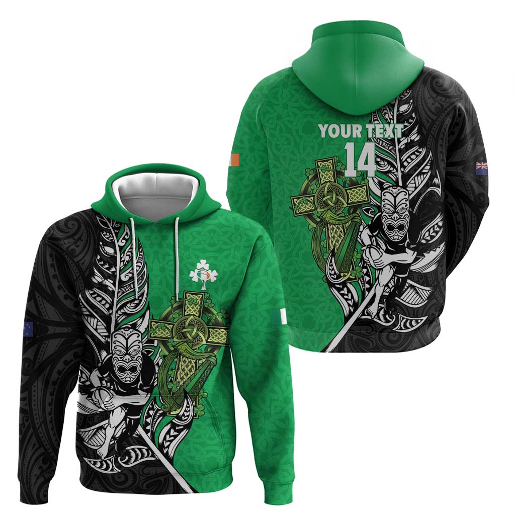 New Zealand and Ireland Rugby Custom Hoodie Maori Tiki Fern Irish Celtic Cross - Polynesian Pride