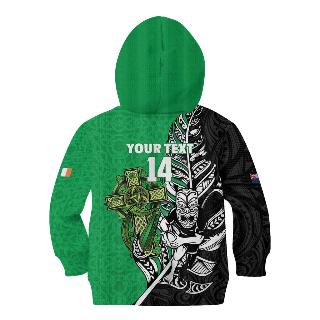 New Zealand and Ireland Rugby Custom Kid Hoodie Maori Tiki Fern Irish Celtic Cross - Polynesian Pride