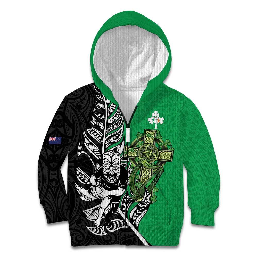 New Zealand and Ireland Rugby Custom Kid Hoodie Maori Tiki Fern Irish Celtic Cross - Polynesian Pride