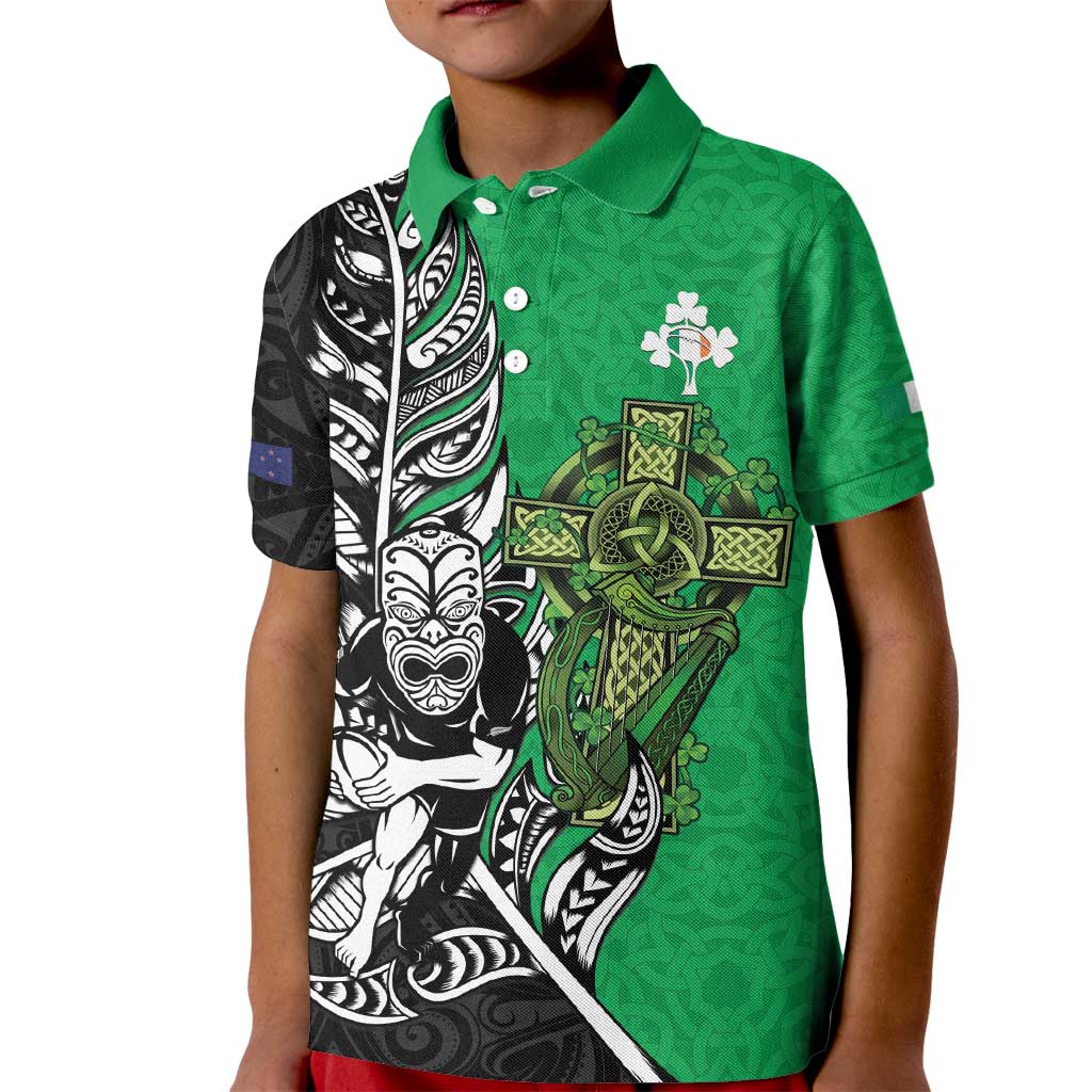 New Zealand and Ireland Rugby Custom Kid Polo Shirt Maori Tiki Fern Irish Celtic Cross - Polynesian Pride