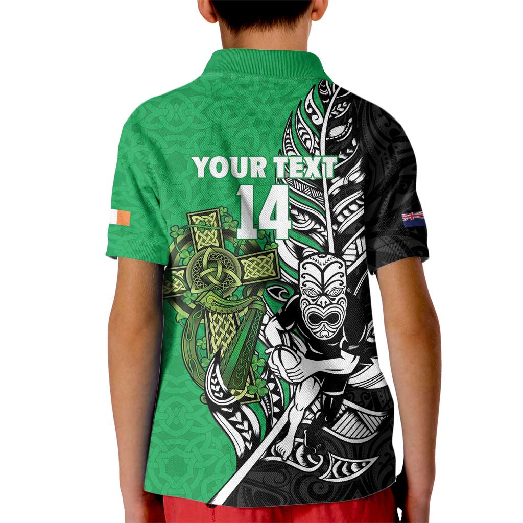 New Zealand and Ireland Rugby Custom Kid Polo Shirt Maori Tiki Fern Irish Celtic Cross - Polynesian Pride