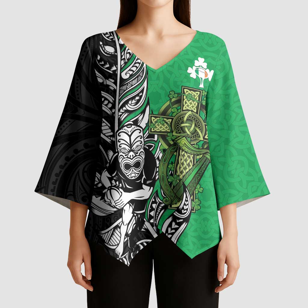 New Zealand and Ireland Rugby Custom Kimono Sleeve Blouse Maori Tiki Fern Irish Celtic Cross - Polynesian Pride
