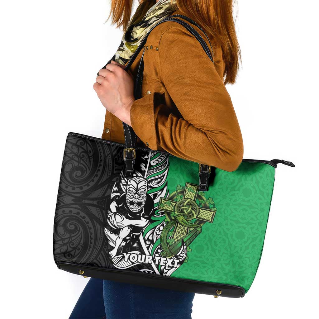 New Zealand and Ireland Rugby Custom Leather Tote Bag Maori Tiki Fern Irish Celtic Cross - Polynesian Pride