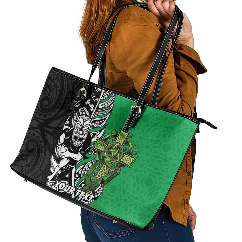 New Zealand and Ireland Rugby Custom Leather Tote Bag Maori Tiki Fern Irish Celtic Cross - Polynesian Pride