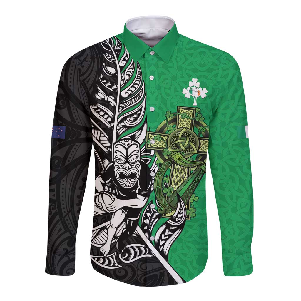 New Zealand and Ireland Rugby Custom Long Sleeve Button Shirt Maori Tiki Fern Irish Celtic Cross - Polynesian Pride