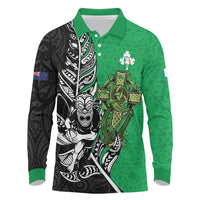 New Zealand and Ireland Rugby Custom Long Sleeve Polo Shirt Maori Tiki Fern Irish Celtic Cross - Polynesian Pride