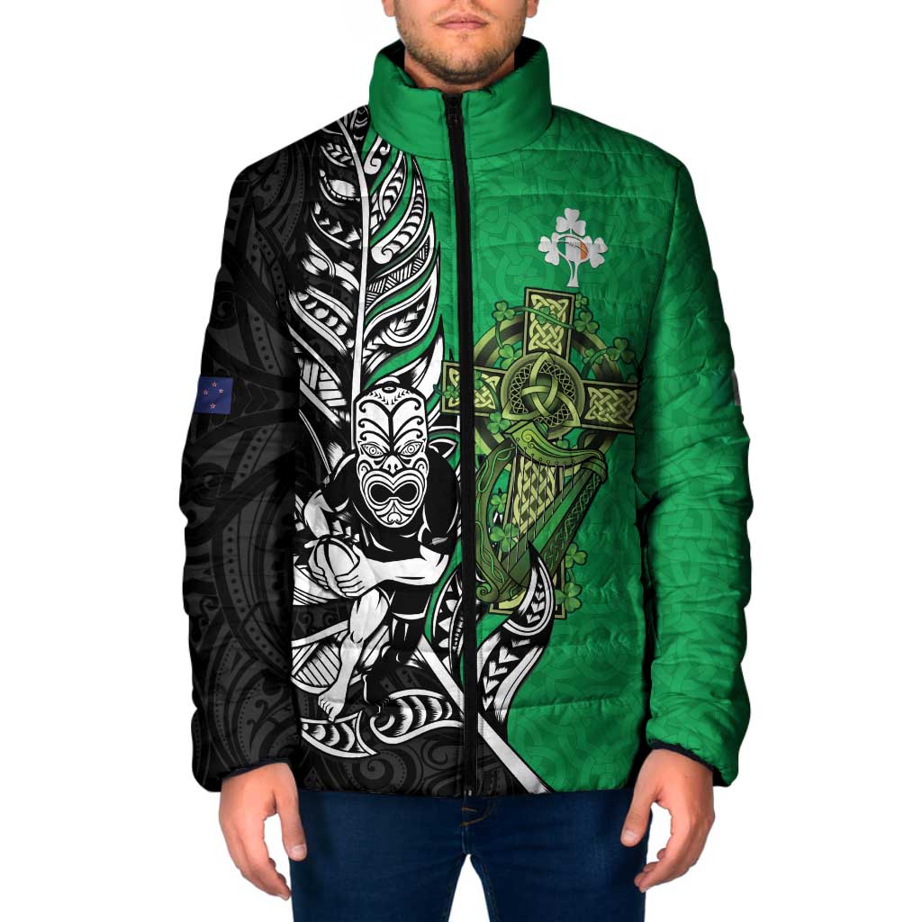 New Zealand and Ireland Rugby Custom Padded Jacket Maori Tiki Fern Irish Celtic Cross - Polynesian Pride