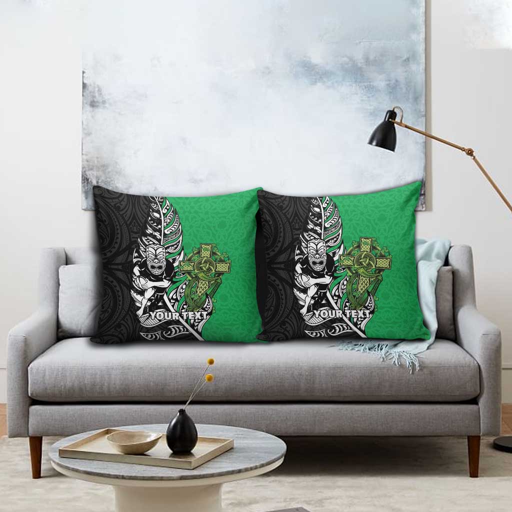 New Zealand and Ireland Rugby Custom Pillow Cover Maori Tiki Fern Irish Celtic Cross - Polynesian Pride