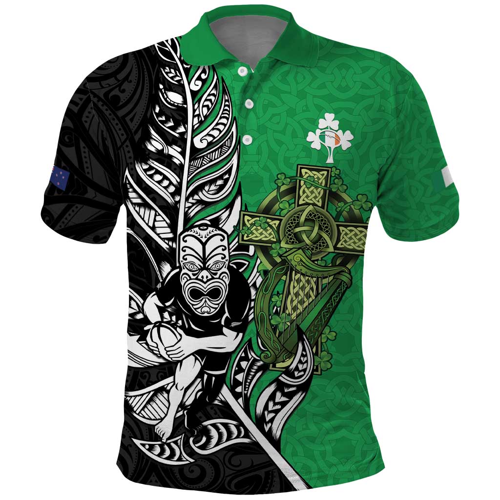 New Zealand and Ireland Rugby Custom Polo Shirt Maori Tiki Fern Irish Celtic Cross - Polynesian Pride