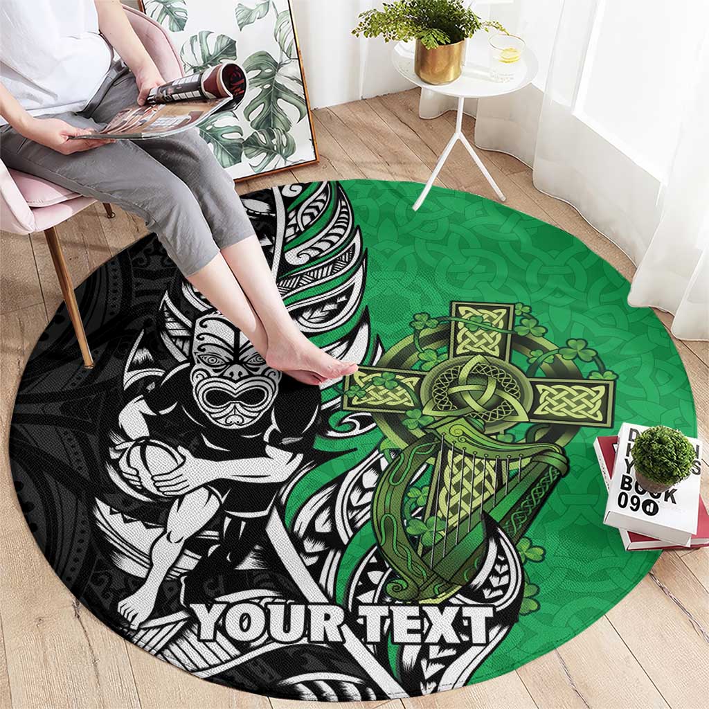 New Zealand and Ireland Rugby Custom Round Carpet Maori Tiki Fern Irish Celtic Cross - Polynesian Pride