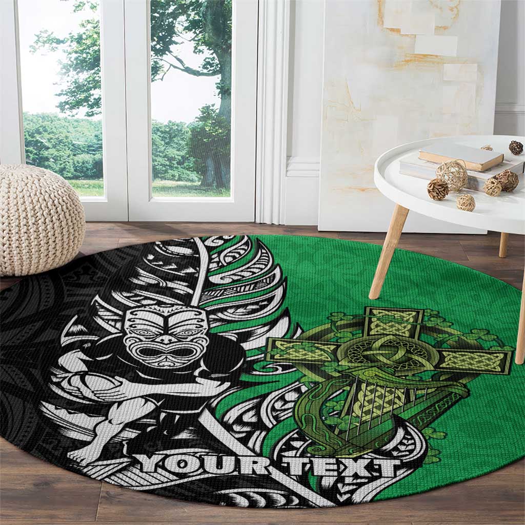 New Zealand and Ireland Rugby Custom Round Carpet Maori Tiki Fern Irish Celtic Cross - Polynesian Pride