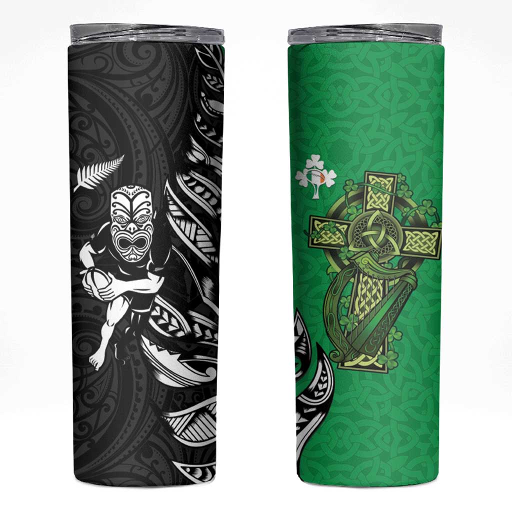 New Zealand and Ireland Rugby Skinny Tumbler Maori Tiki Fern Irish Celtic Cross - Polynesian Pride