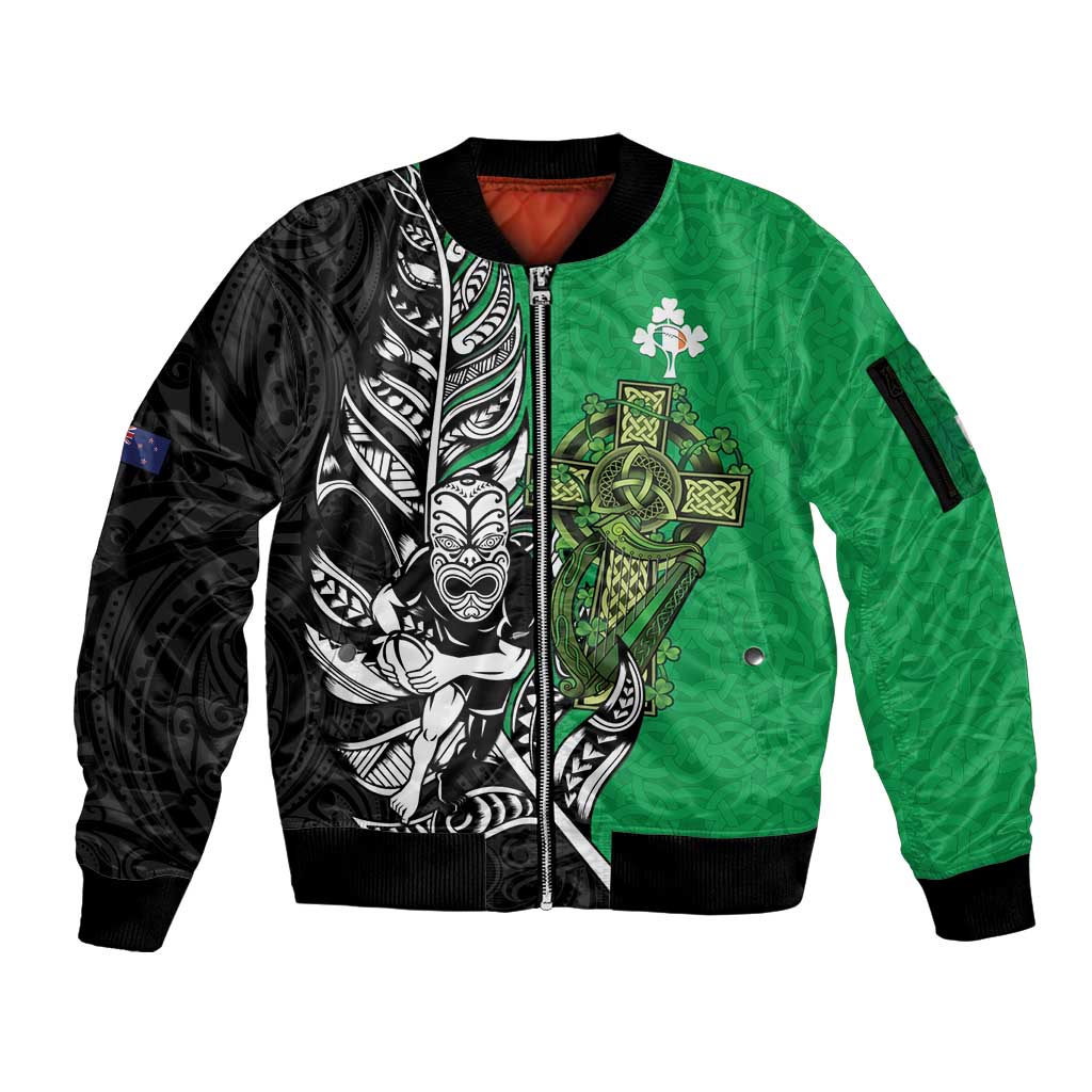 New Zealand and Ireland Rugby Custom Sleeve Zip Bomber Jacket Maori Tiki Fern Irish Celtic Cross - Polynesian Pride