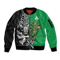 New Zealand and Ireland Rugby Custom Sleeve Zip Bomber Jacket Maori Tiki Fern Irish Celtic Cross - Polynesian Pride