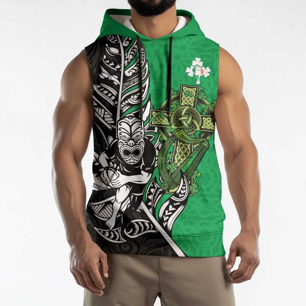 New Zealand and Ireland Rugby Custom Sleeveless Hoodie Maori Tiki Fern Irish Celtic Cross - Polynesian Pride
