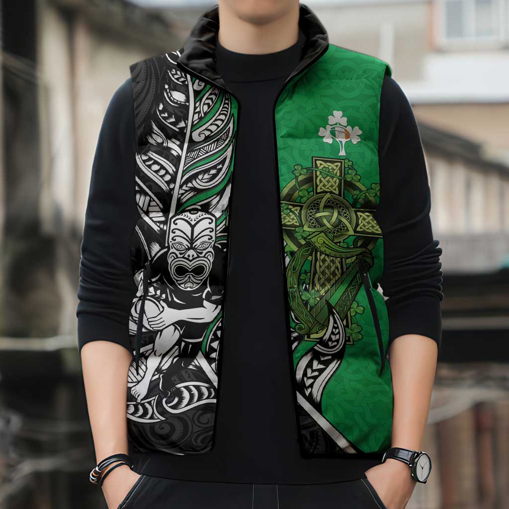 New Zealand and Ireland Rugby Custom Sleeveless Puffer Jacket Maori Tiki Fern Irish Celtic Cross - Polynesian Pride