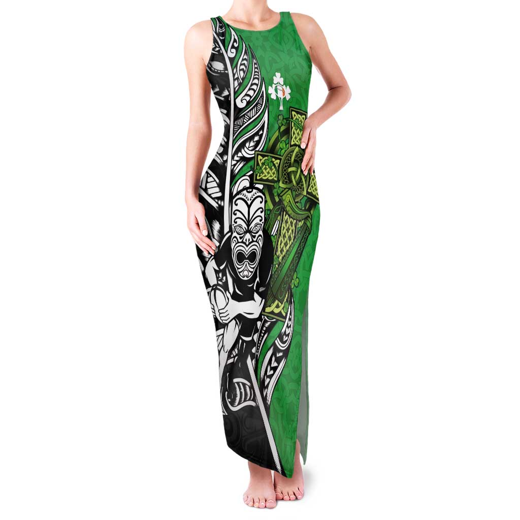 New Zealand and Ireland Rugby Custom Tank Maxi Dress Maori Tiki Fern Irish Celtic Cross - Polynesian Pride
