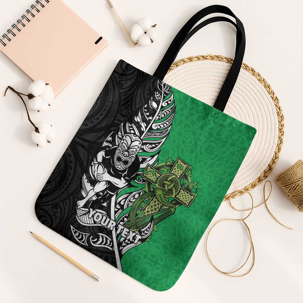 New Zealand and Ireland Rugby Custom Tote Bag Maori Tiki Fern Irish Celtic Cross - Polynesian Pride