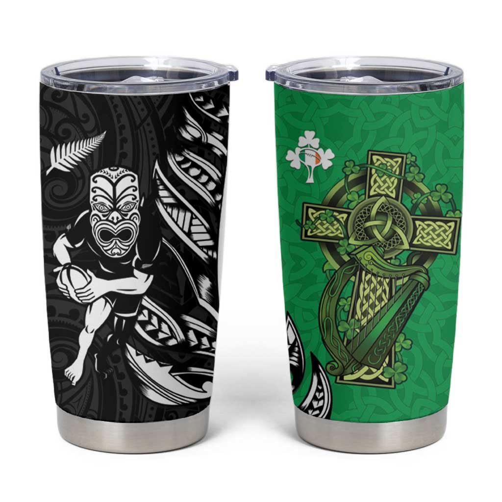 New Zealand and Ireland Rugby Tumbler Cup Maori Tiki Fern Irish Celtic Cross - Polynesian Pride