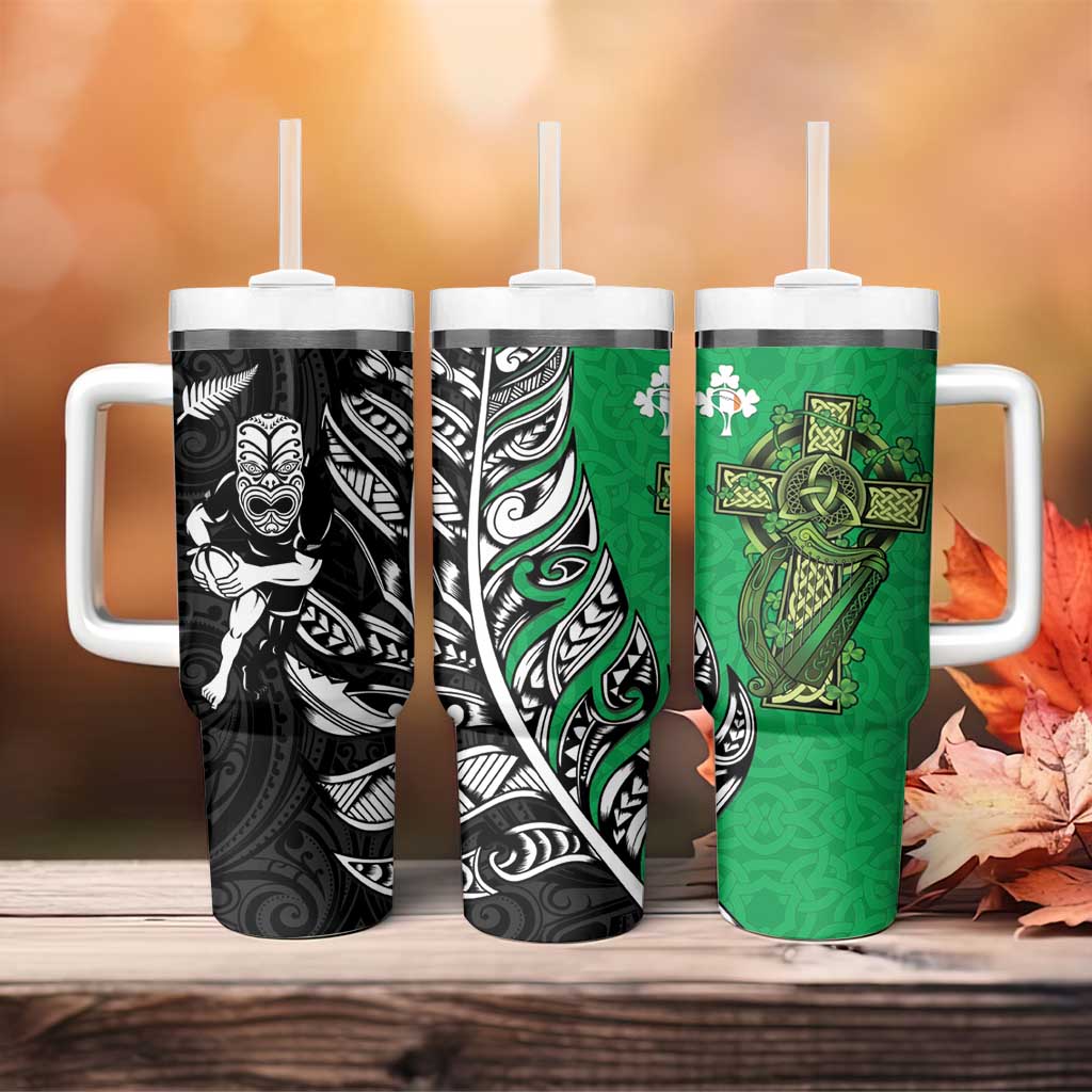 New Zealand and Ireland Rugby Tumbler With Handle Maori Tiki Fern Irish Celtic Cross - Polynesian Pride