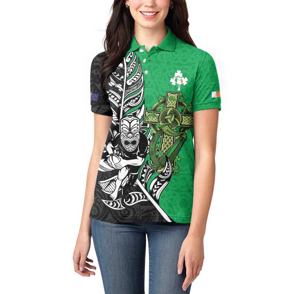 New Zealand and Ireland Rugby Custom Women Polo Shirt Maori Tiki Fern Irish Celtic Cross - Polynesian Pride