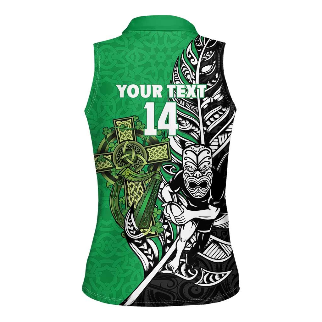 New Zealand and Ireland Rugby Custom Women Sleeveless Polo Shirt Maori Tiki Fern Irish Celtic Cross - Polynesian Pride