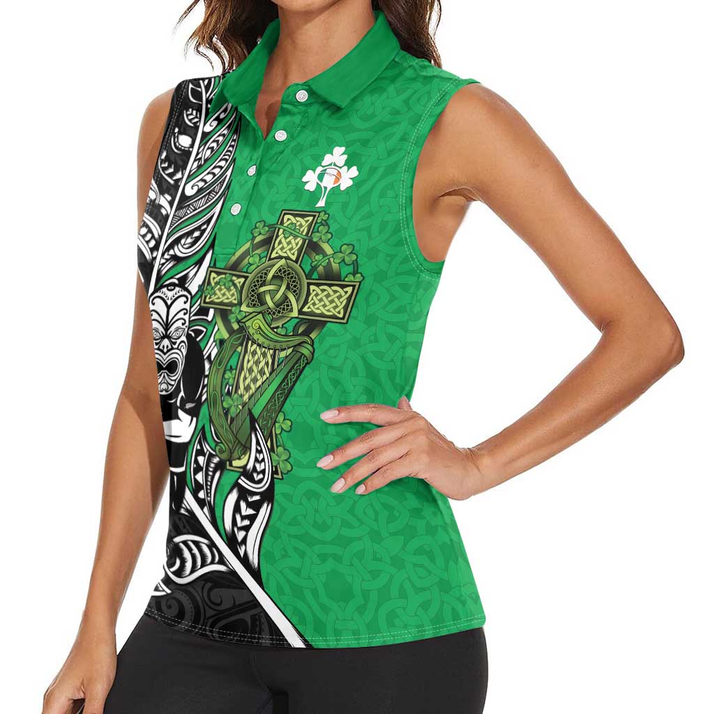 New Zealand and Ireland Rugby Custom Women Sleeveless Polo Shirt Maori Tiki Fern Irish Celtic Cross - Polynesian Pride