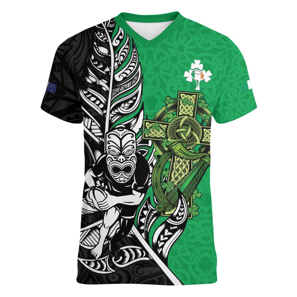 New Zealand and Ireland Rugby Custom Women V-Neck T-Shirt Maori Tiki Fern Irish Celtic Cross - Polynesian Pride