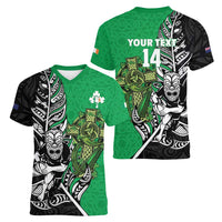 New Zealand and Ireland Rugby Custom Women V-Neck T-Shirt Maori Tiki Fern Irish Celtic Cross - Polynesian Pride